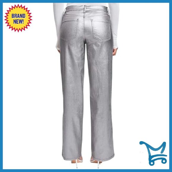 High Rise Straight Leg Metallic Pants Women's Hyperstretch Rayon Nylon Spandex - Picture 4 of 8